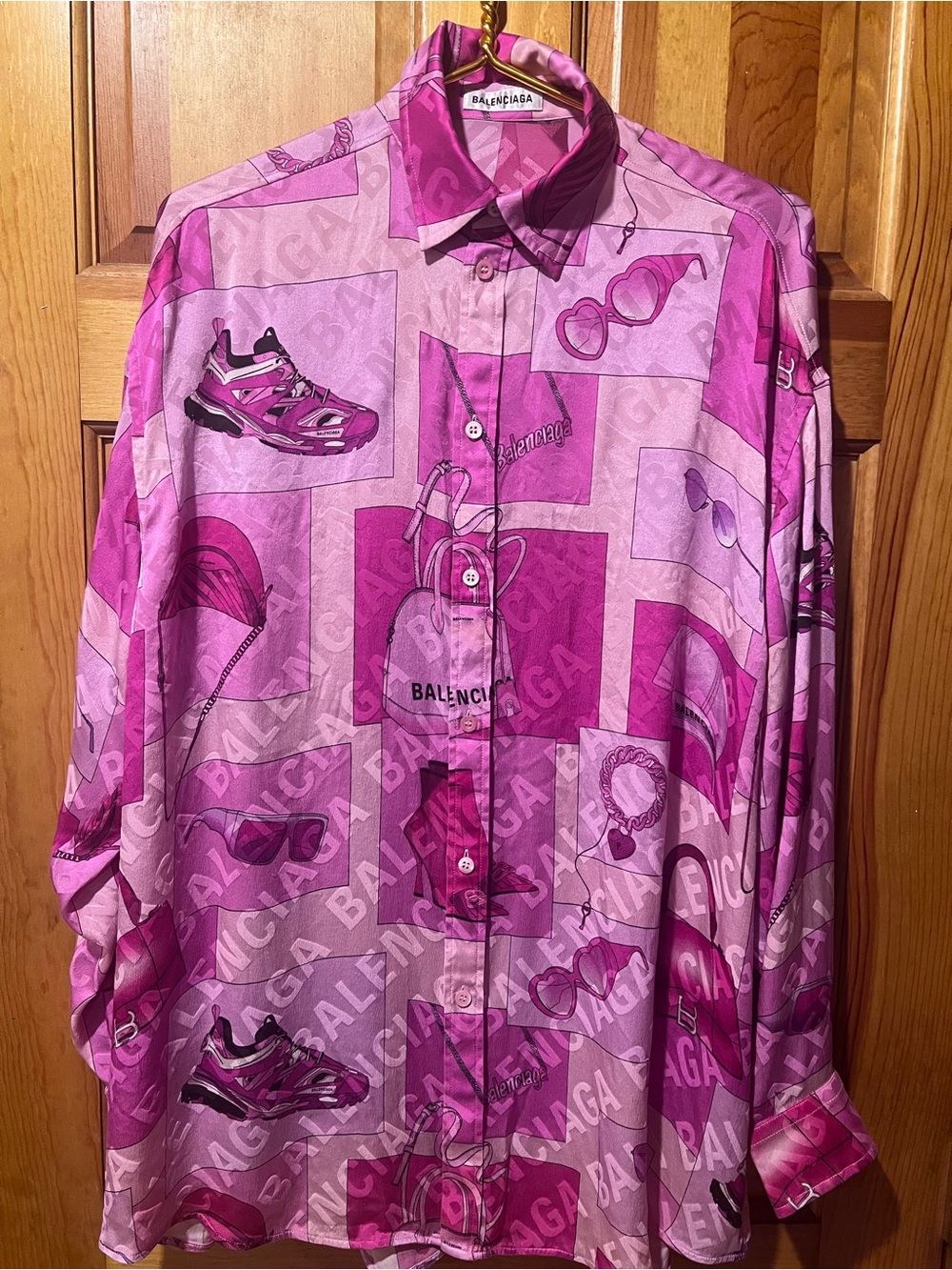 Balenciaga Pink Silk Graphic Panel Button-Down Shirt